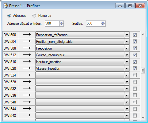 Assignation entrées profinet